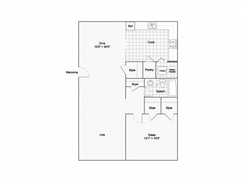 Floor plan for 1 bed, 1 bath, 852 sqft